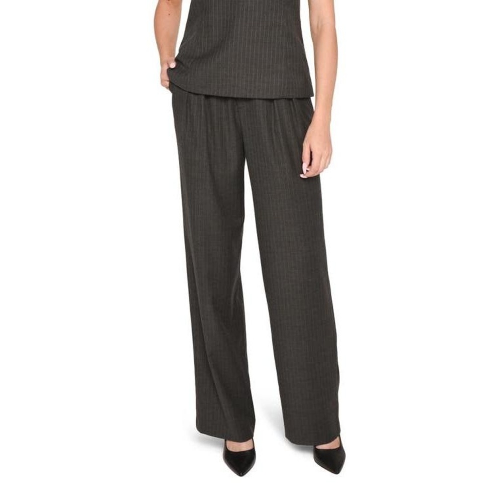 WAYF Black Wideleg Elastic Waist Pleated Pinstripe Trousers Pants Size XL - Picture 2 of 5